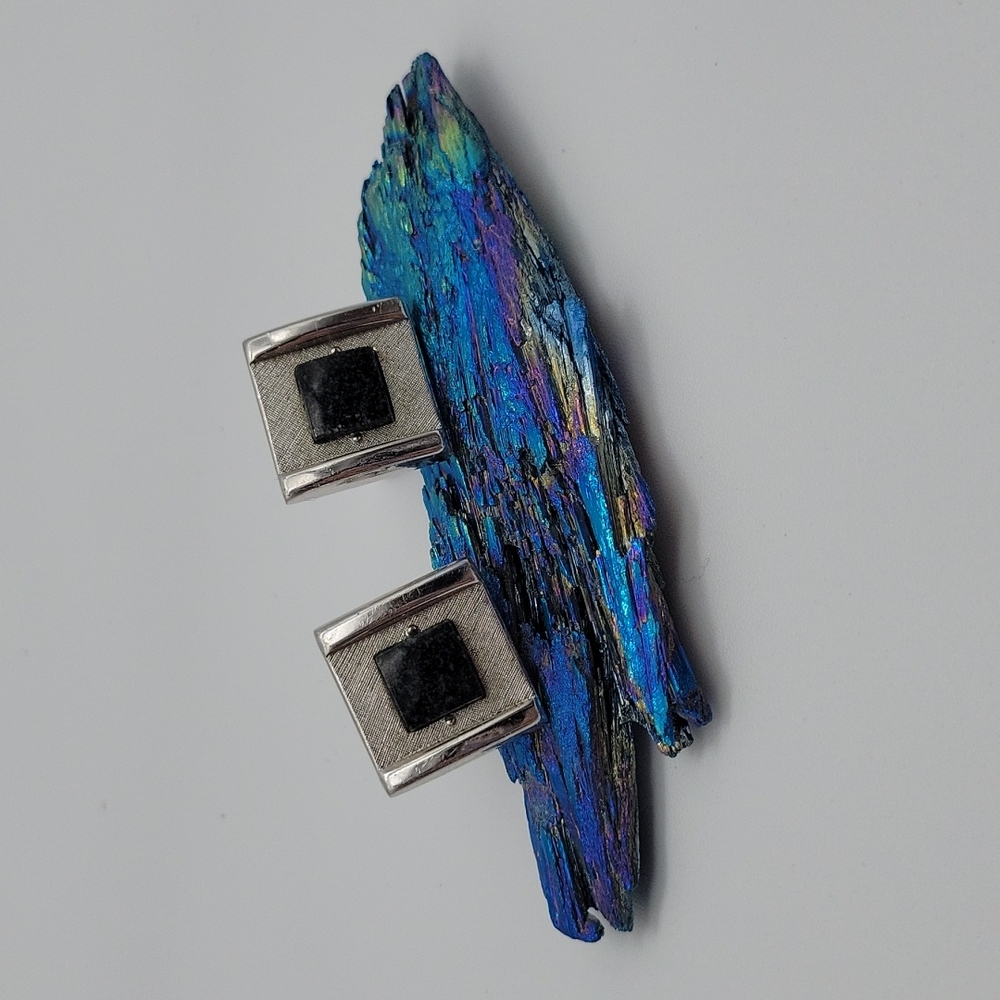 Men's cufflinks silver tone with black granite like setting.